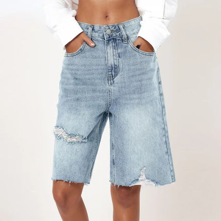 Benuynffy Bf Style Raw Hem Denim Shorts Women's Streetwear High Waist Hip Hop Loose Ripped Straight Wide Leg Half Shorts Jeans PlatiNum