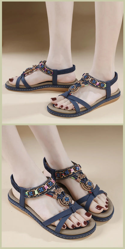 Summer 2025 Pomesian Rhinestones Comfortable And Casual Beach Flat Sandals For Women Ethnic Style Leisure Comfortable And Simple