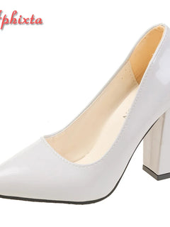 Aphixta 2025 New 10cm Square Heels Pumps Women Shoes Patent Leather Sexy Wedding Party Official Leisure Super Big Szie 31-50
