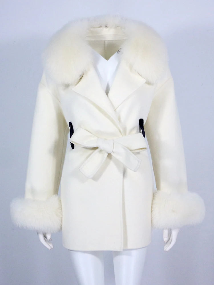 OFTBUY Real Fur Coat Winter Jacket Women Natural Fox Fur Collar Cuffs Belt Cashmere Wool Woolen Ladies Outerwear Streetwear