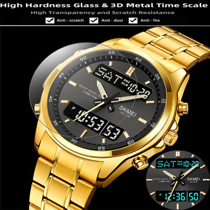 Skmei orologio da polso analogico al quarzo da uomo cinturino in acciaio inossidabile di lusso Led impermeabile digitale sportivo sveglia a tre fusi orari platinumshop