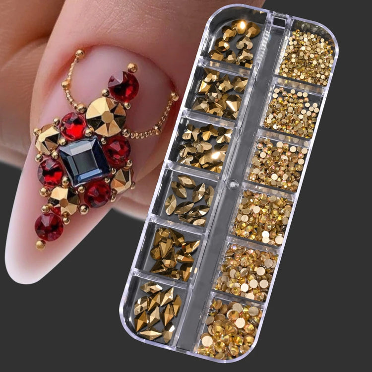 12 Grids Mixed Size Nail Rhinestones SS6 to SS30 Shiny Clear Gold Pink Blue Flat Back Glass Gems for DIY Nail Art Manicure Decoration Supply