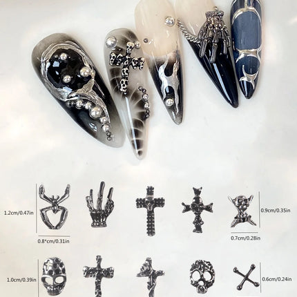 50pcs Mix Design Skull Cross Spider Nail Charms 3D Silver Bone Cross Halloween DIY Nail Art Decoration