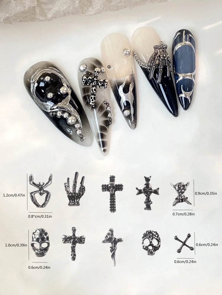 50pcs Mix Design Skull Cross Spider Nail Charms 3D Silver Bone Cross Halloween DIY Nail Art Decoration