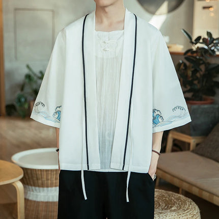 Japan Samurai Shirt uomo ricamato Kimono giapponese manica corta Cardigan uomo estate sottile moda Casual Yukata Cardigan Top uomo