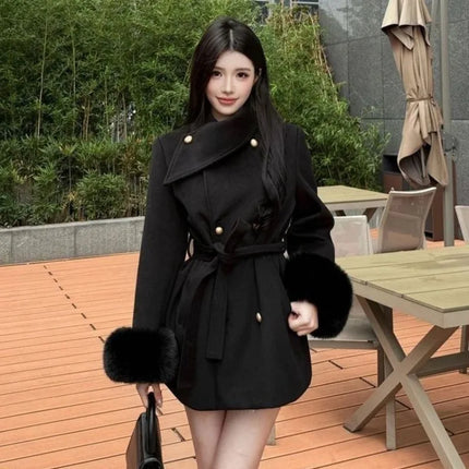 Korean Chic Elegant Double Breasted Fur Cuff Belted Wool Coat Women Slim Fit Winter Warm Casual Daily Party Outwear Blends New