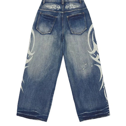 Jeans Vintage Y2k Strappati Deeptown per Donna, Pantaloni in Denim Blu Larghi con Stampa Harajuku, Stile Hip Hop Grunge Streetwear