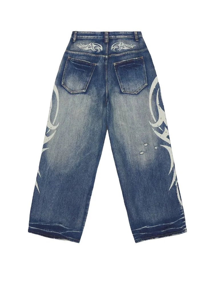 Jeans Vintage Y2k Strappati Deeptown per Donna, Pantaloni in Denim Blu Larghi con Stampa Harajuku, Stile Hip Hop Grunge Streetwear