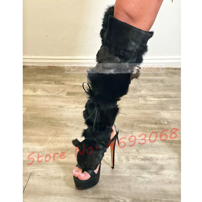 Real Fur Wrap Cross Tied Platform Sandals Women Luxury Open Toe Furry High Heels Long Shoes Ladies Sexy Colored Puttee Sandals