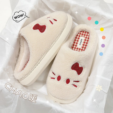 Cute Cat Winter Warm Slippers Women Men Fluffy Plush Home Shoes Red Bowknot Plaid Lining Indoor Bedroom Cotton Slides Mules New