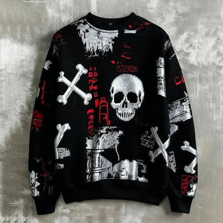 Men's Skull Print Sweatshirt Street Style Retro Graffiti Fashion Pullover Autumn Harajuku Style Casual Loose Crew Neck Top