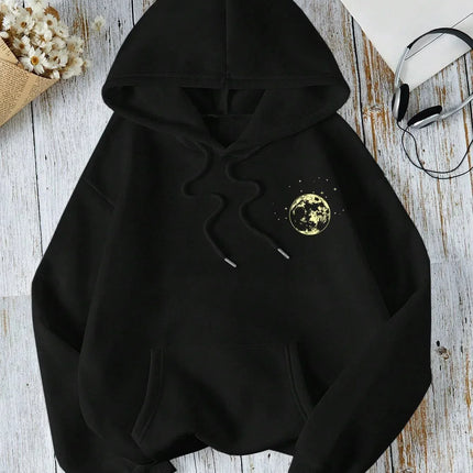 New with Different Moon Prints Front and Back Printed kangaroo pocket Hoodies Casual and Fashionable Women's Clothing