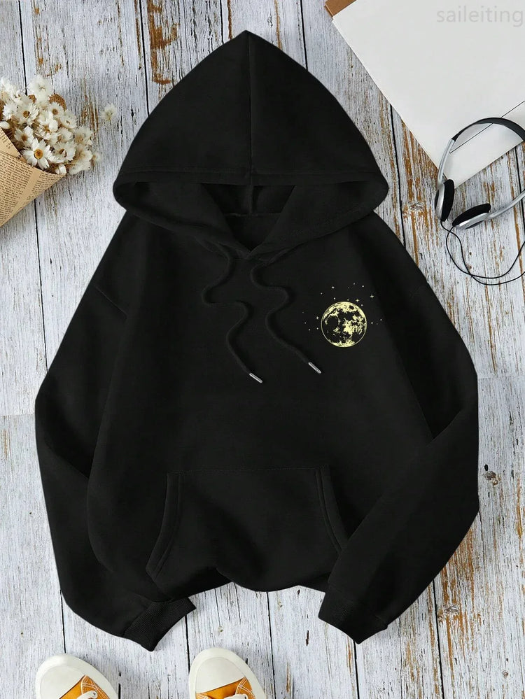 New with Different Moon Prints Front and Back Printed kangaroo pocket Hoodies Casual and Fashionable Women's Clothing