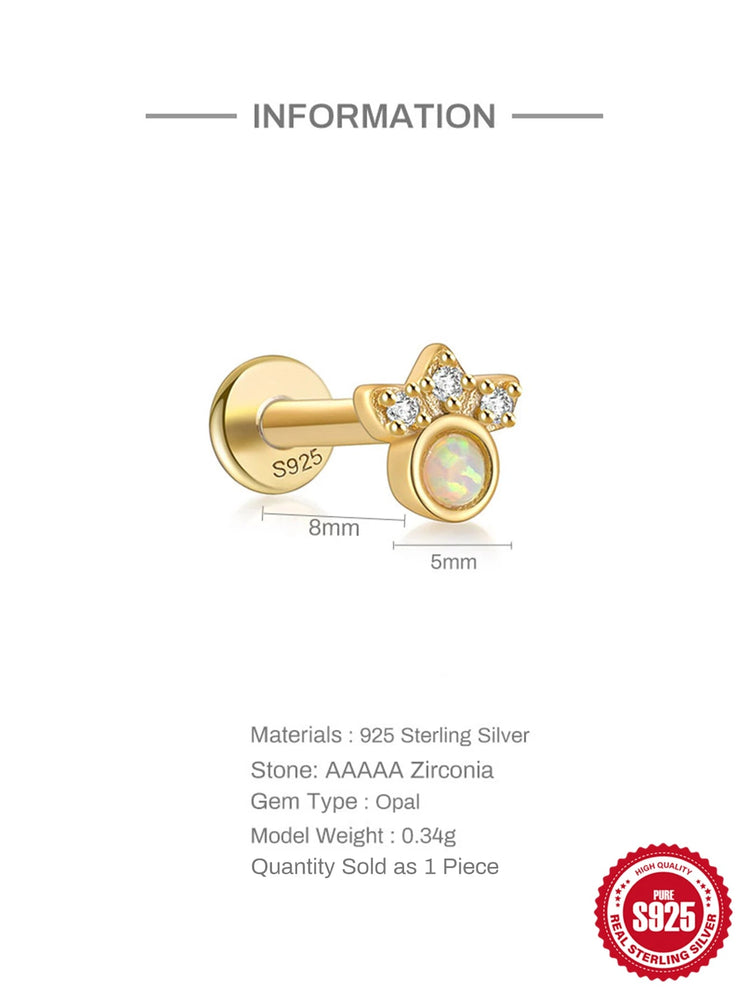 CANNER 1PC 925 Sterling Silver Exquisite Crown Opal Piercing Earring for Women Ear Studs Cartilage Earring Body Jewelry Gift PlatiNum