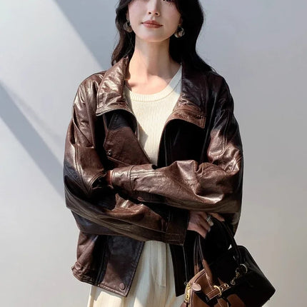 Waxed Sheepskin Genuine Leather Moto Biker Jacket Women Cropped Stand Collar Zip Up Snap Button Loose Casual Autumn Outwear 2026