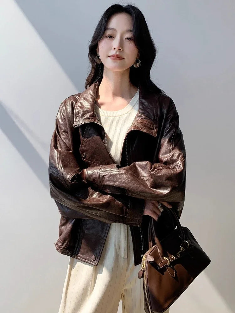 Waxed Sheepskin Genuine Leather Moto Biker Jacket Women Cropped Stand Collar Zip Up Snap Button Loose Casual Autumn Outwear 2026