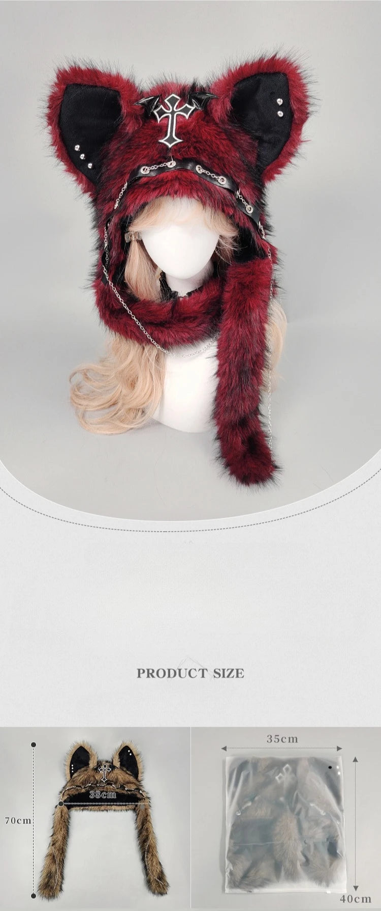 Y2K Gothic Punk Cat Ear Hat with Cross Wing Chain Decoration Plush Warm Winter Subculture Goth Rock Musi Cap Bombero Gorro Ruso