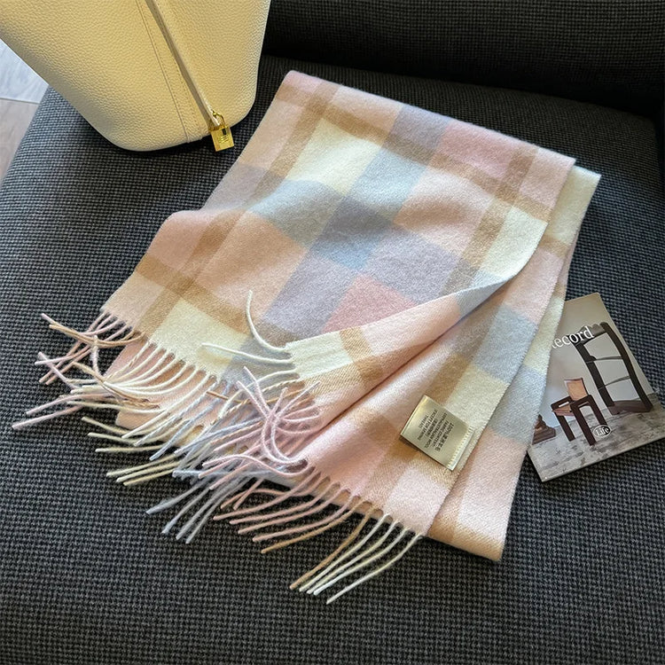 High Quality 100% Pure Wool Scarf Women Classic Chic  Autumn Winter Colorful Plaid Tassel Warm Muffler Female Thermal Shawl Lady