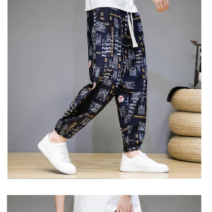 Pantaloni Primavera-Estate da Uomo in Stile Cinese, Sottili e Traspiranti in Cotone e Lino, con Vita Elastica, Pantaloni Harem Stampati Casual e Comodi