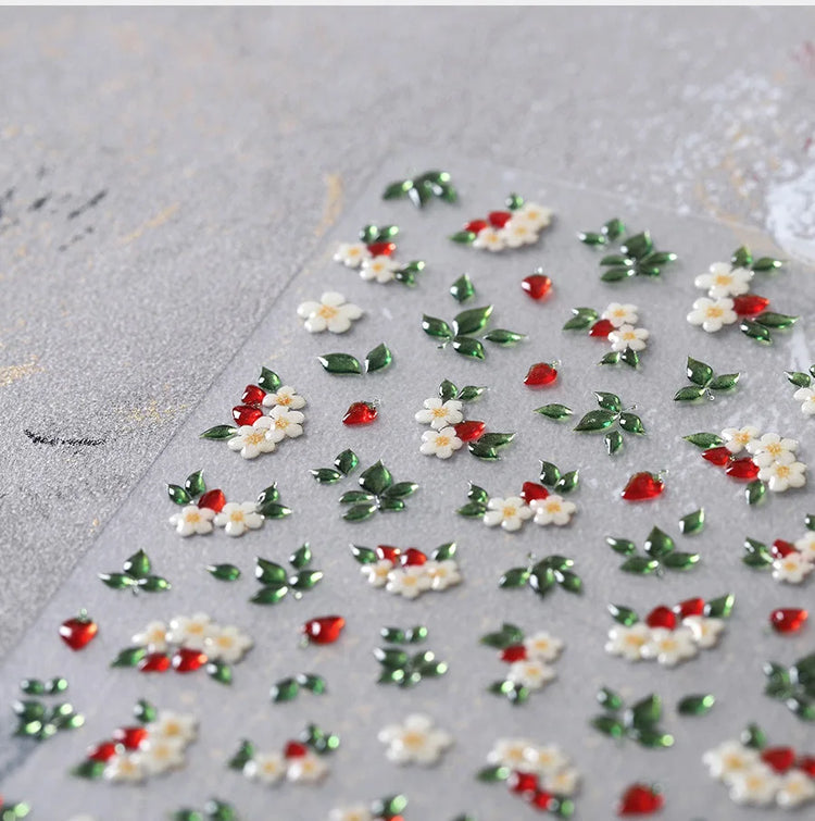 1Pcs 5D Jelly White Lily Red Strawberry Nail Art Sticker Peony Rose Camellia Embossed Nails Decals Delicate Nail Art Decorations