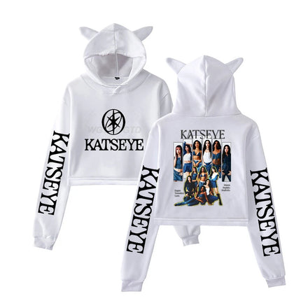 Harajuku Fashion Streetwear Girls Hoodie KATSEYE New Street Style Cat Ear Crop Tops Pullover Girl Vintage Gothic Y2k Sweatshirts