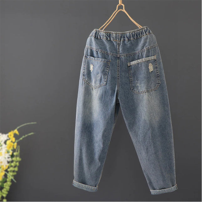 New Spring Korea Fashion Patch Cartoon Designs Embroidery Women's Loose Jeans Elastic Waist Cotton Denim Harem Casual Pants V987