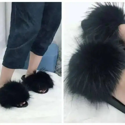 Real Raccoon Fur Slippers for Women 2023 Summer Fluffy Indoor Home Fuzzy Flat Slides Outdoor Fashion Beach Sandals Flip Flops