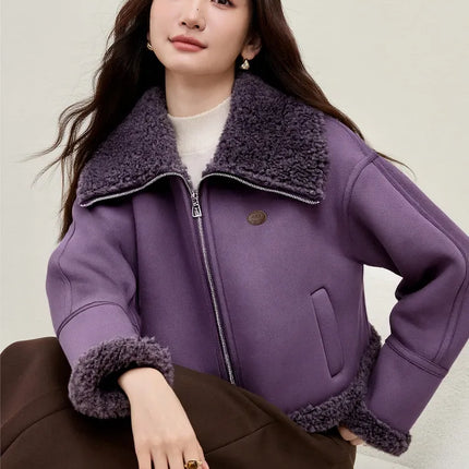 SENTUBILA Women's Faux Suede Coat Plush Lapel Zipper Faux Leather Cropped Jacket 2026 Winter Retro Ladies Outerwear W54PD5913