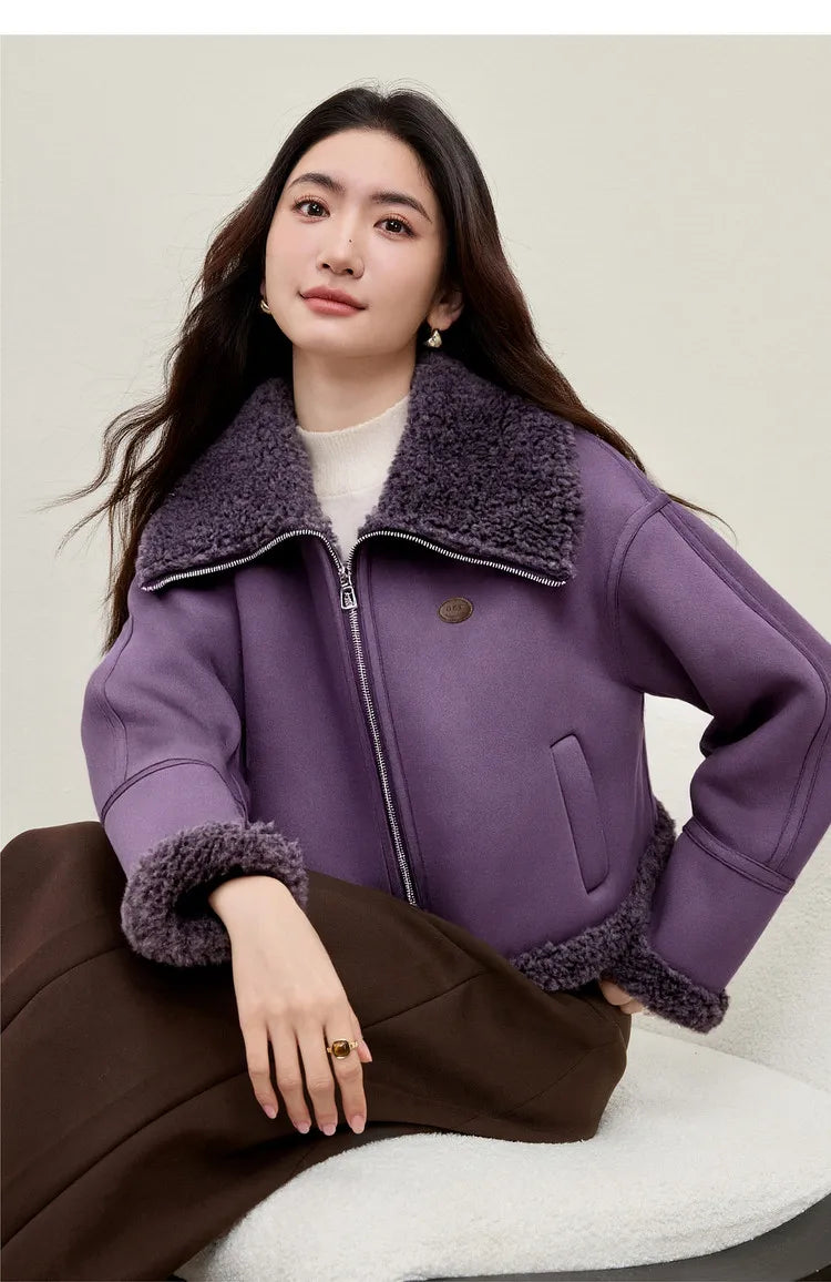 SENTUBILA Women's Faux Suede Coat Plush Lapel Zipper Faux Leather Cropped Jacket 2026 Winter Retro Ladies Outerwear W54PD5913