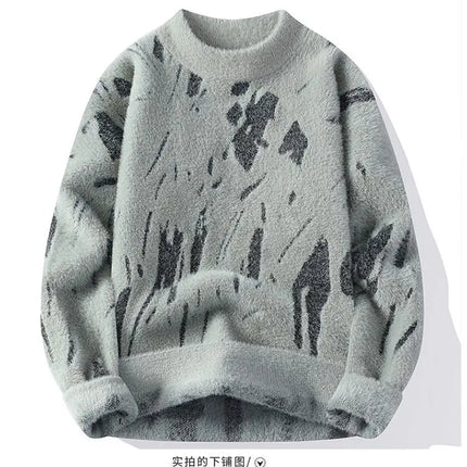 Winter Men's Thickened Fleece Sweater Irregular Jacquard Pattern Casual Round Neck Pullover Tops Striped Soft Knitted Sweaters