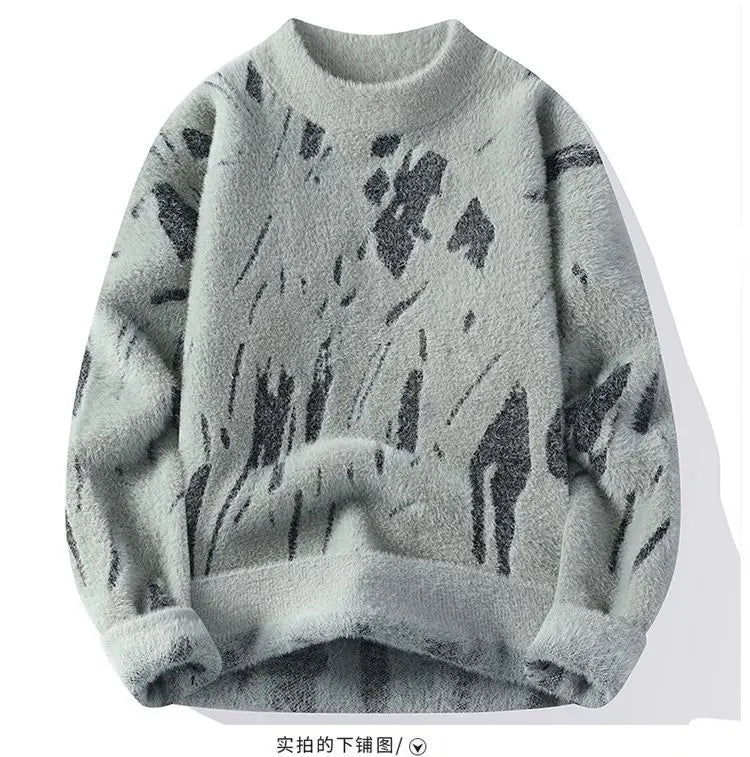 Winter Men's Thickened Fleece Sweater Irregular Jacquard Pattern Casual Round Neck Pullover Tops Striped Soft Knitted Sweaters