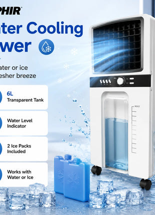 Raffrescatore d'Aria Portatile 6L 65W, Condizionatore Evaporativo a 3 Velocità con Ventola di Raffreddamento ad Acqua e Ruote per Casa, Camera da Letto, Ufficio