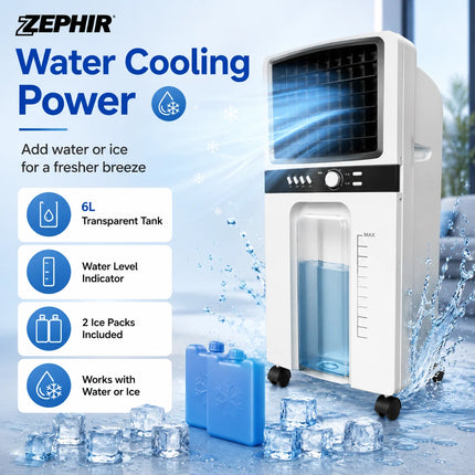 Raffrescatore d'Aria Portatile 6L 65W, Condizionatore Evaporativo a 3 Velocità con Ventola di Raffreddamento ad Acqua e Ruote per Casa, Camera da Letto, Ufficio