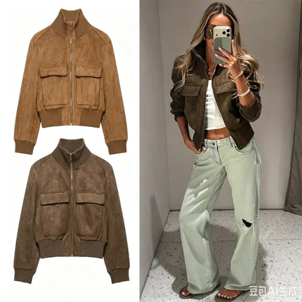 Ladies Short Vintage Faux Suede Autumn Winter Jacket Women Coat Stand-Collar Zip-up Field Trendy Streetwear Chic Jacket Female