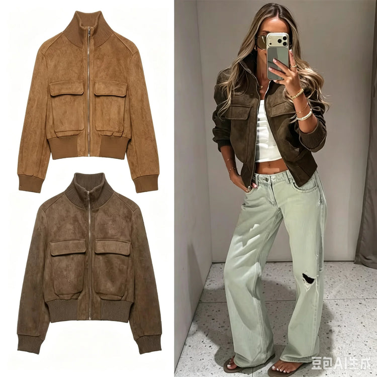 Ladies Short Vintage Faux Suede Autumn Winter Jacket Women Coat Stand-Collar Zip-up Field Trendy Streetwear Chic Jacket Female