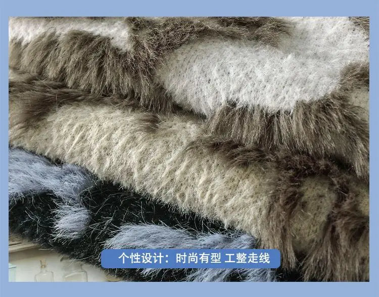 Men Jacquard Furry Sweater Long Sleeve Thick Print Faux Mink Velvet Knit Dyed Pullover O Neck High Street Warm Sweater Jumpers