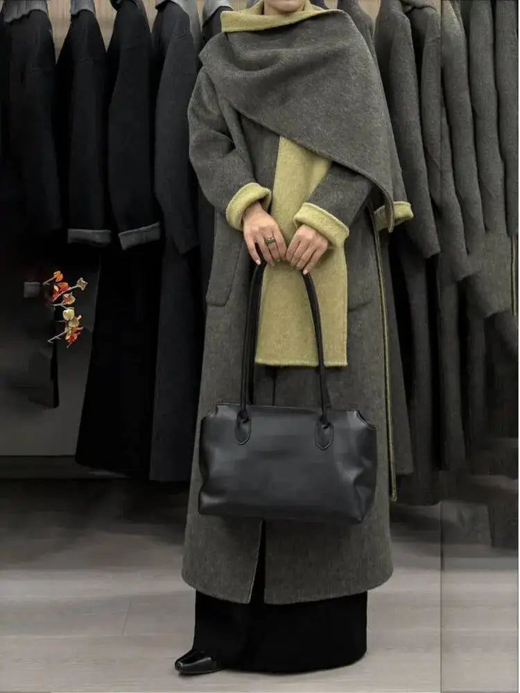 DFDG Woman's Cowl-neck Pure Color Versatile Patchwork Two-color Design 2025 Spring New Style Loose High-quality Long Coat