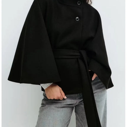Autumn And Winter New Fashion Solid Color Cloak Stand-up Collar Button Belt Windbreaker Jacket Women's Temperament Commuting Top