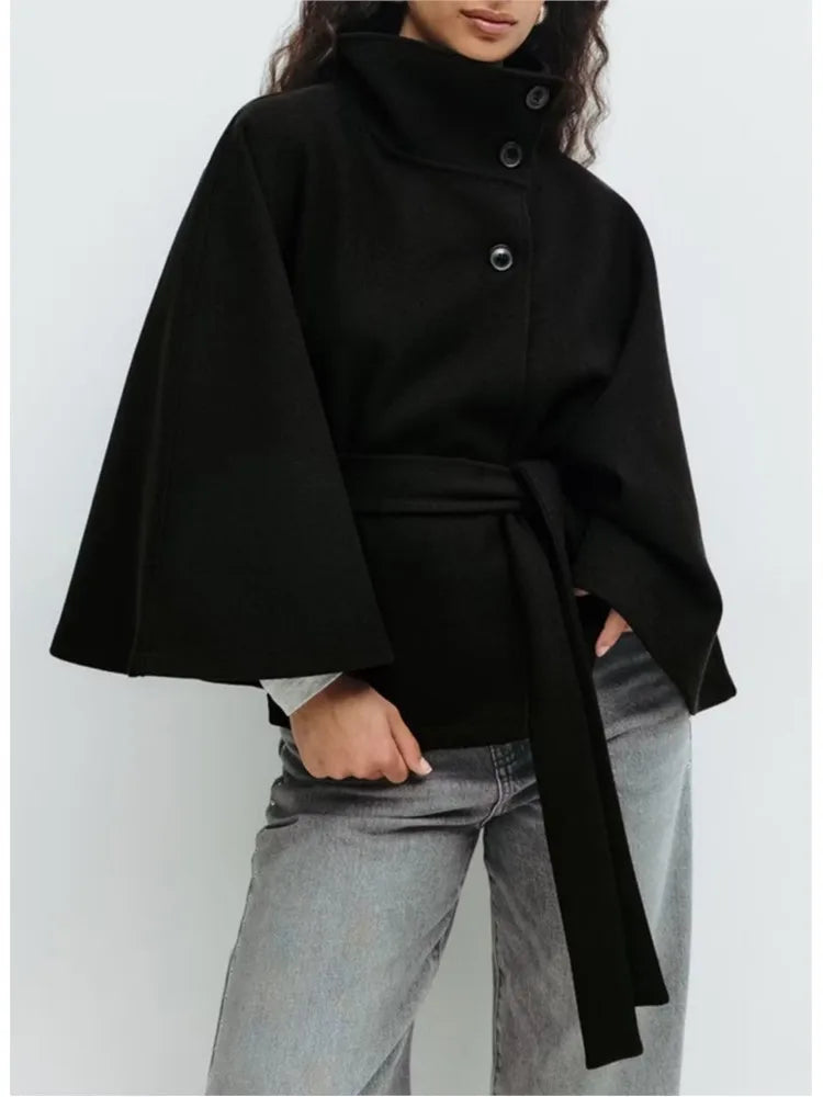 Autumn And Winter New Fashion Solid Color Cloak Stand-up Collar Button Belt Windbreaker Jacket Women's Temperament Commuting Top
