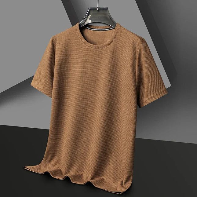 New Summer Waffle Round Neck Short Sleeved T-shirt for Men's Short Sleeved Top PlatiNum