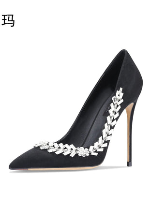 Scarpe da donna di lusso 2024 nuove pompe da donna in cristallo nero scamosciato scarpe a punta con strass tacchi alti moda Stiletto luxury Party Wo platinumshop