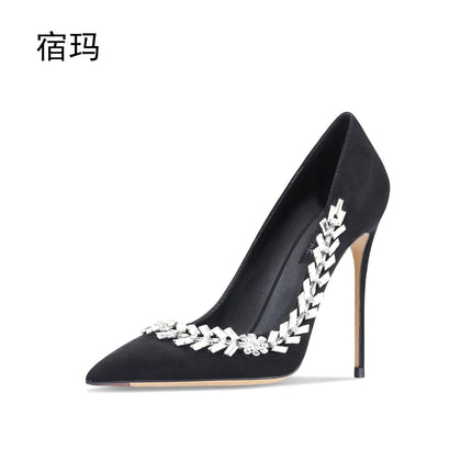 Scarpe da donna di lusso 2024 nuove pompe da donna in cristallo nero scamosciato scarpe a punta con strass tacchi alti moda Stiletto luxury Party Wo platinumshop