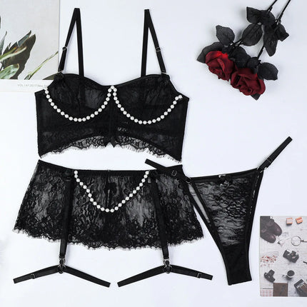 Sexy Erotic Womens Western Style Handmade Pearl 4 Piece Set Sensual See Through Lace Alluring Bowknot Attractive Breathable Set