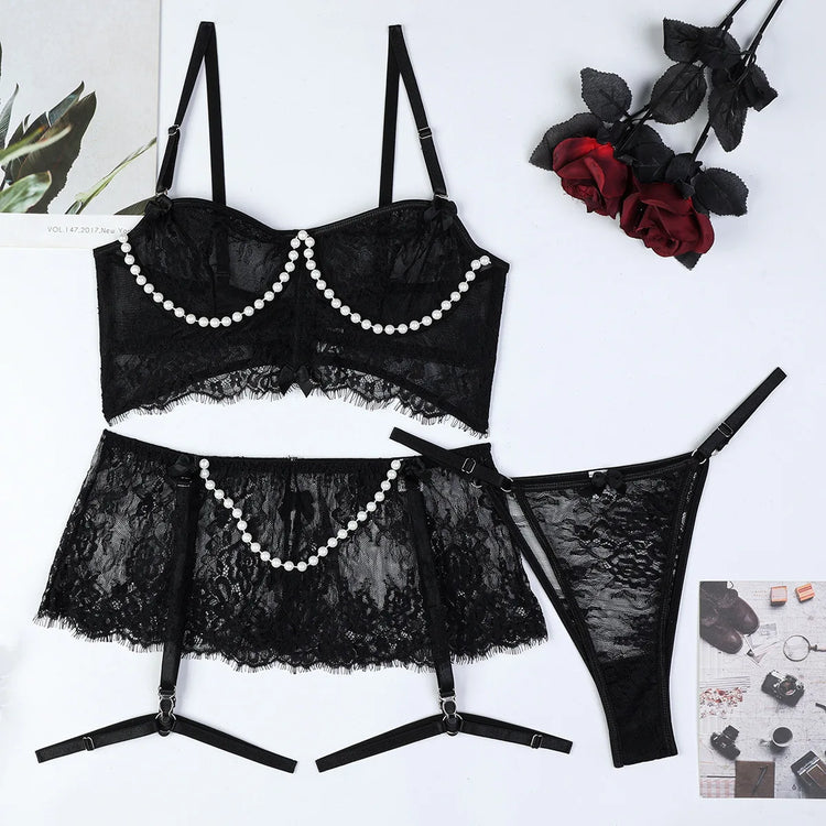 Sexy Erotic Womens Western Style Handmade Pearl 4 Piece Set Sensual See Through Lace Alluring Bowknot Attractive Breathable Set