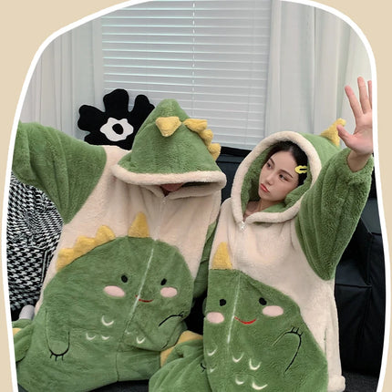 Couples Kigurumis Dinosaur Pajamas Jumpsuits Sleepwear Women Men Winter Thicken Hooded Cartoon Pyjamas Coral Fleece Loose Soft