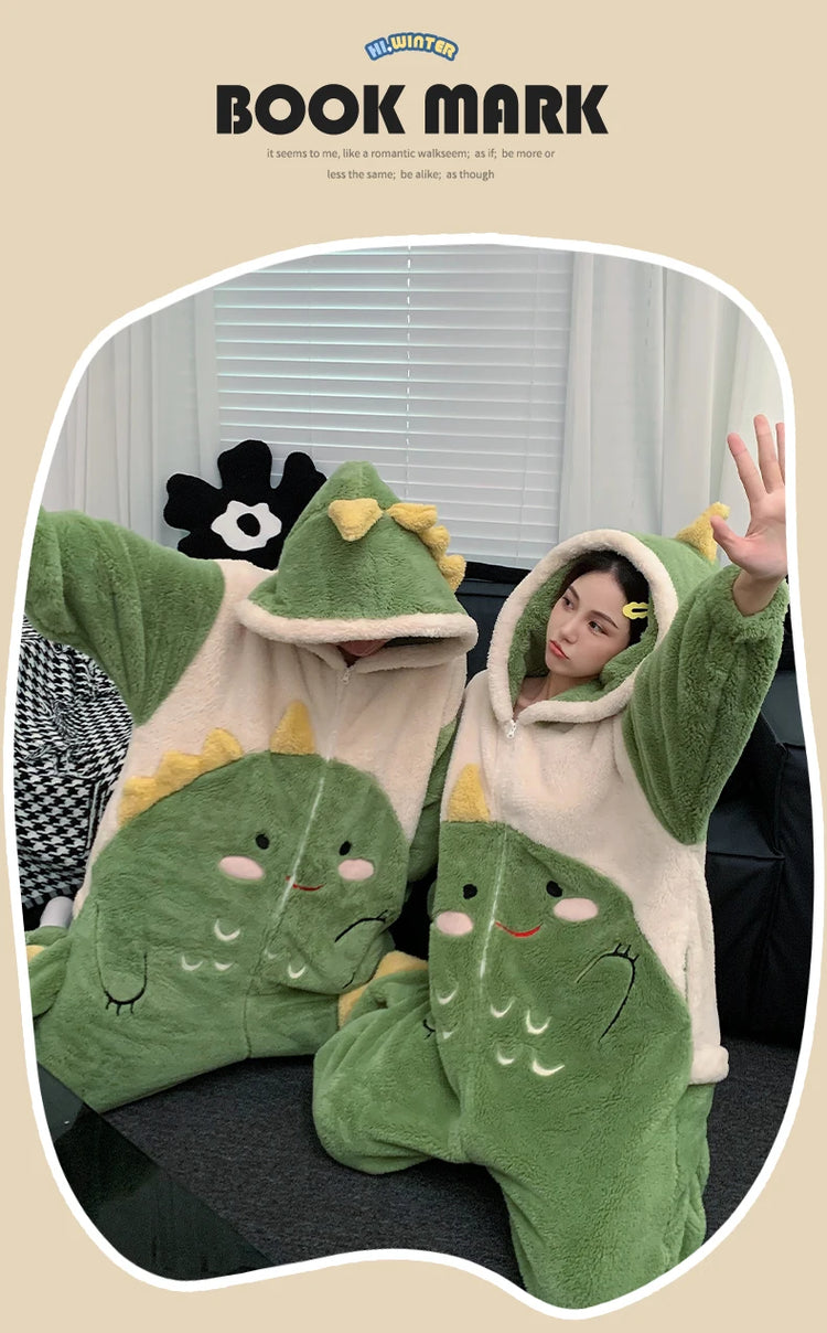 Couples Kigurumis Dinosaur Pajamas Jumpsuits Sleepwear Women Men Winter Thicken Hooded Cartoon Pyjamas Coral Fleece Loose Soft
