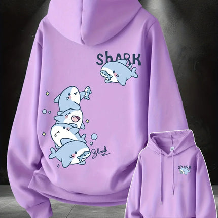 2026 Hoodie men's cute stacked cartoon shark pattern print autumn and winter loose casual pullover sweatshirt