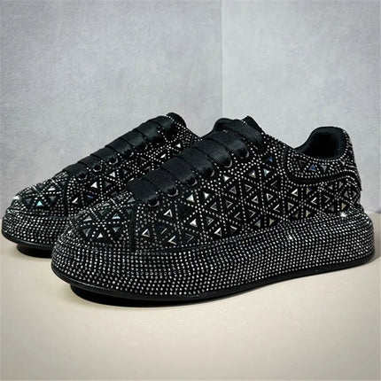 Luxury New Designer Men's White Black Charm Rhinestone Platform Causal Shoes Flats Male Hip-hop Walking Sneakers Zapatos Hombre