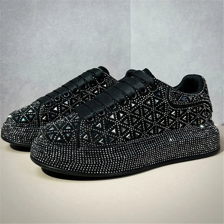 Luxury New Designer Men's White Black Charm Rhinestone Platform Causal Shoes Flats Male Hip-hop Walking Sneakers Zapatos Hombre