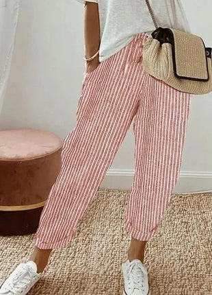 Pantaloni casual con coulisse in vita elastica stampata a righe larghe alla moda da donna europea e americana transfrontaliera estiva platinumshop